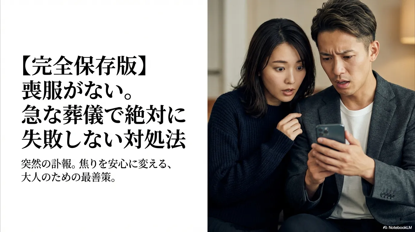 急な葬儀で喪服がなく困り、スマートフォンを見ながら対応を調べる日本人カップルの導入画像