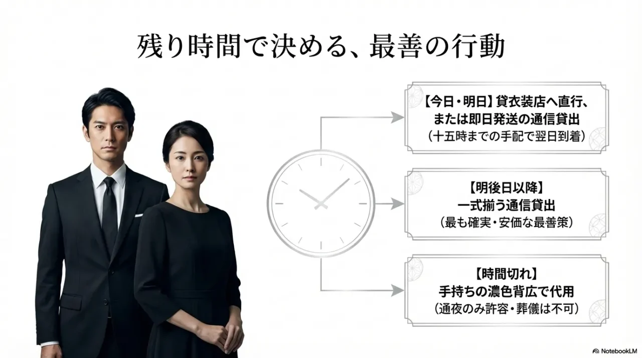 葬儀までの残り時間に応じて、即日対応、明後日以降の準備、時間切れ時の代用を整理した判断用画像