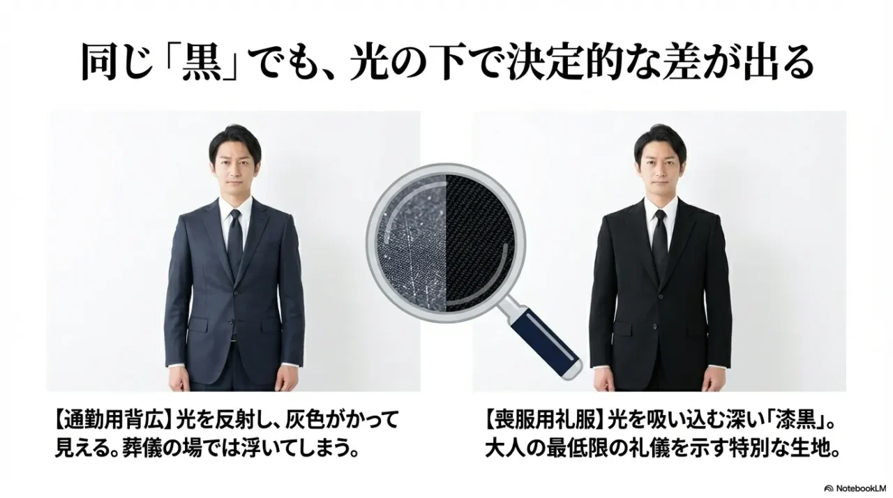 ビジネス用の黒スーツと正式な喪服を並べて、黒の深さや光沢の違いを比較した画像