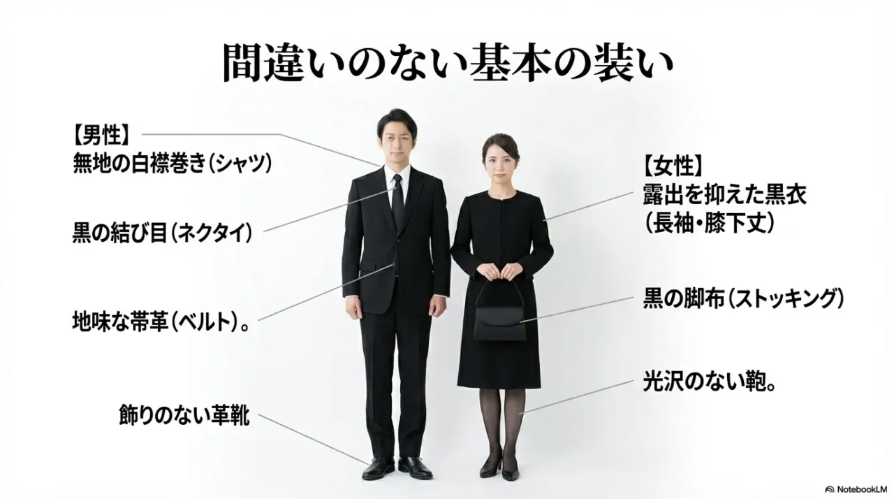 男性と女性の弔事の基本服装を、シャツ、ネクタイ、靴、バッグ、ストッキングなどの要素ごとに示した画像