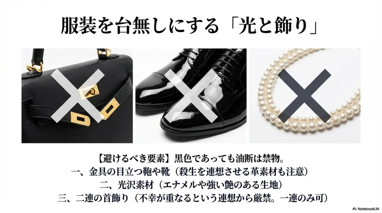 金具の目立つバッグ、光沢の強い靴、二連パールなど、葬儀で避けたい小物の例を示した画像