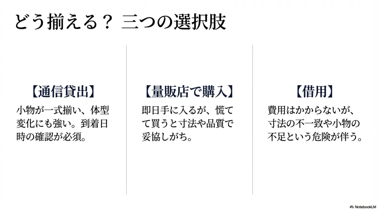 通信貸出、量販店で購入、借用の3つの選択肢を比較し、それぞれの特徴を整理した画像