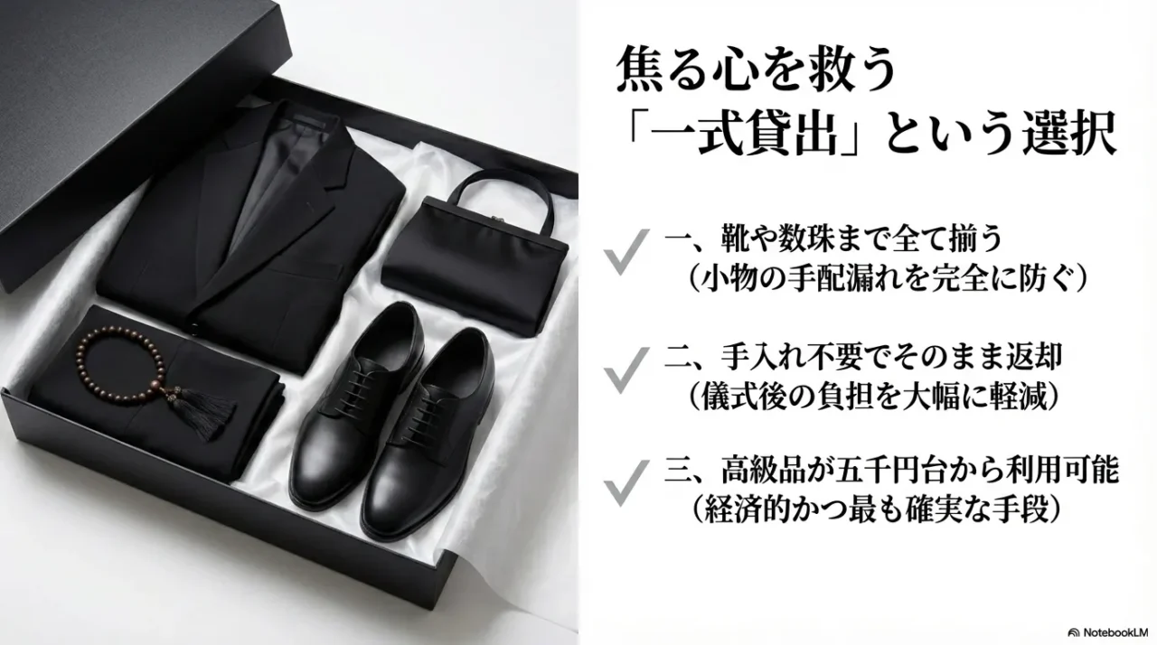 喪服一式レンタルの利点として、靴や数珠まで揃うこと、手入れ不要で返却できること、費用を抑えやすいことを示した画像
