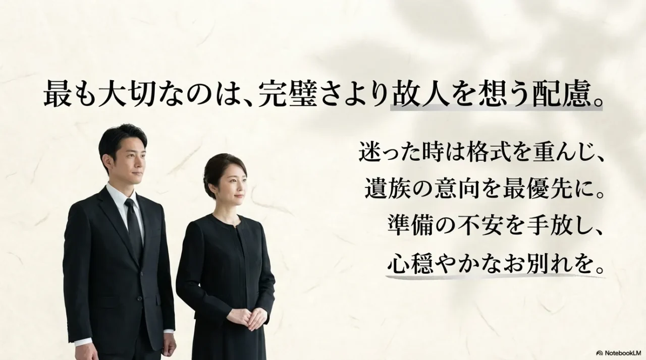 黒い喪服姿の男女が並び、葬儀では完璧さより故人と遺族への配慮が大切だと伝えるメッセージを示した画像