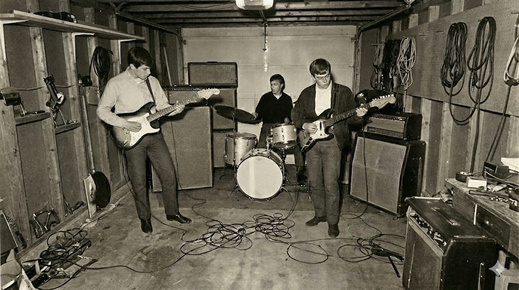 1960年代風のガレージで、ギター2名とドラマーの3人組が練習している白黒写真。むき出しの壁、散らばるケーブル、古いアンプなどがあり、素朴なガレージバンドの雰囲気が伝わる。