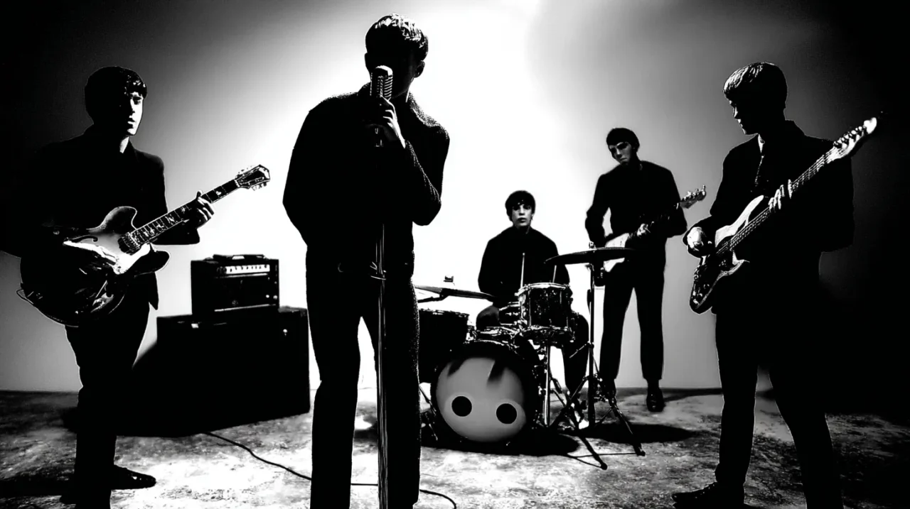 1960年代ガレージロック風の5人組バンドが、シルエット調で演奏している様子。中央でボーカルがマイクを握り、ギター、ベース、サックス、ドラムが周囲に配置されている。