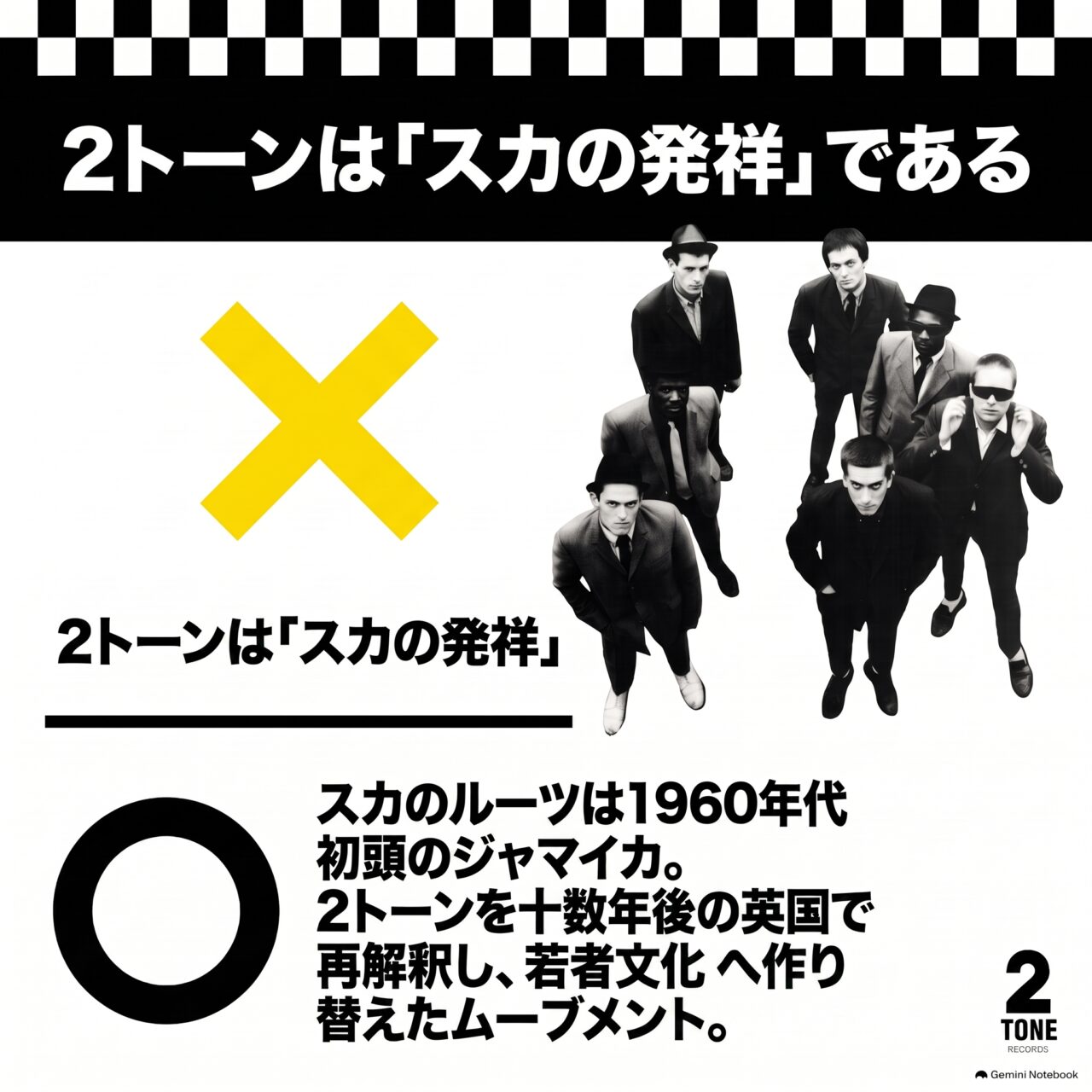 「2トーンはスカの発祥である」という説明に黄色い×、スカのルーツは1960年代初頭のジャマイカだという説明に黒い○を付けた、誤解を訂正する図。