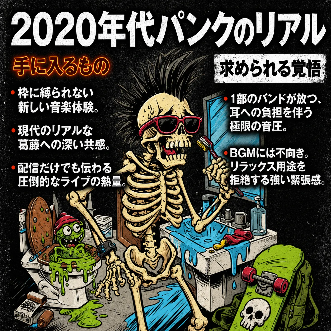 2020年代パンクのリアルを解説するインフォグラフィック。モヒカン頭でサングラスをかけた骸骨が歯磨きをするイラスト。手に入るもの（新しい音楽体験、共感、ライブの熱量）と求められる覚悟（極限の音圧、強い緊張感）を対比して紹介。