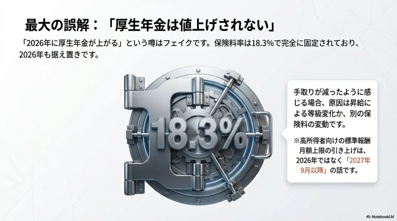 厚生年金保険料率18.3パーセントは2026年も据え置きで、上限見直しは2027年以降であることを示した画像