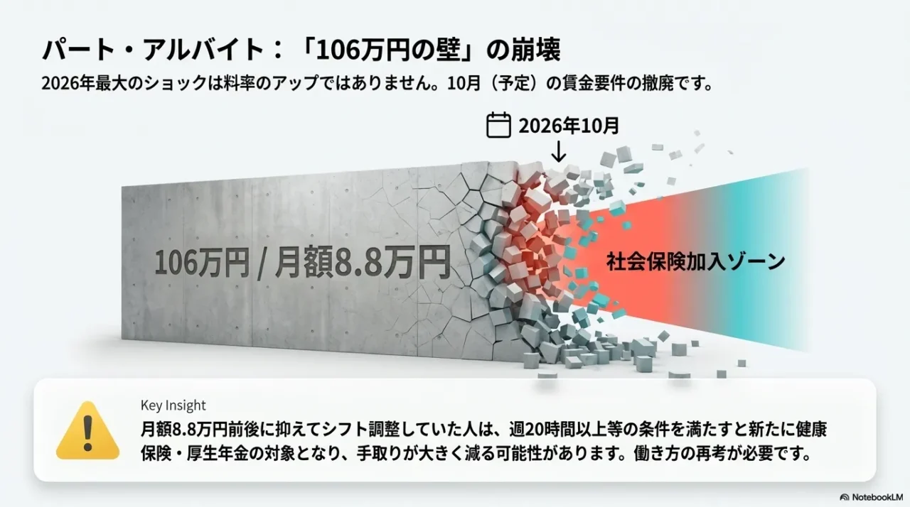 2026年10月予定の賃金要件撤廃により、パートやアルバイトが社会保険加入ゾーンに入る影響を示した画像