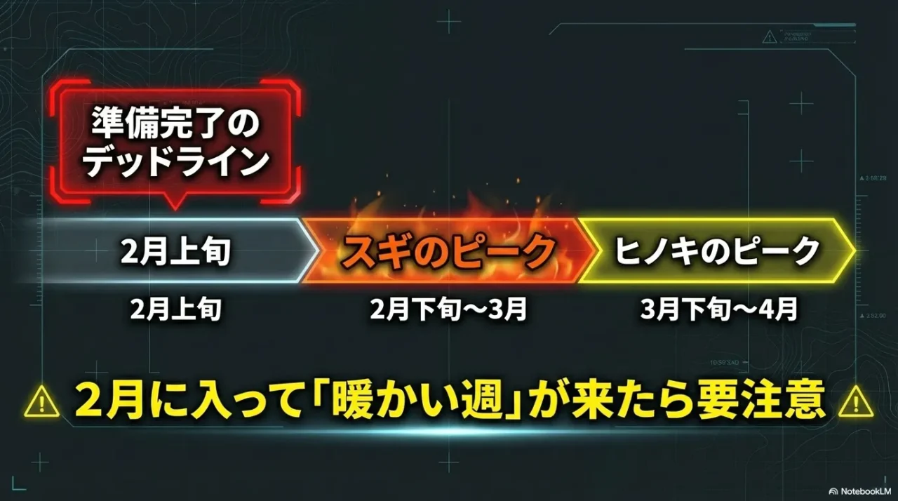 2026年2月上旬を準備完了のデッドラインとする花粉対策カレンダー。スギ・ヒノキのピーク予測