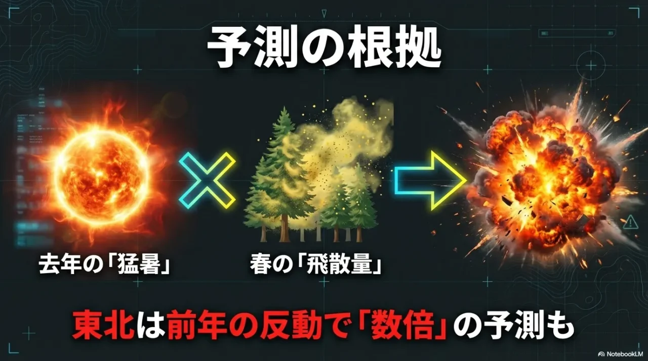 東北地方では数倍の飛散予測が出ていることを爆発のイメージで表現