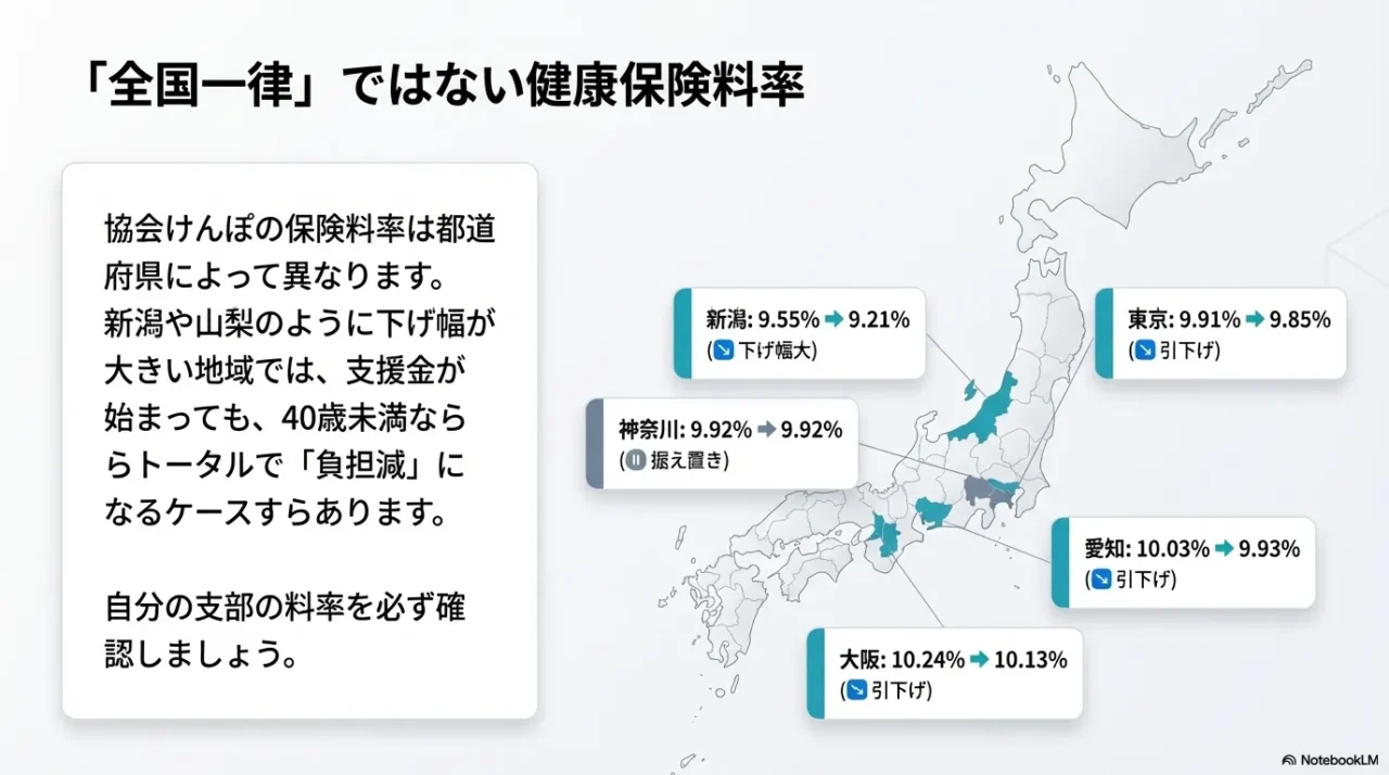 東京都、大阪府、愛知県、新潟県、山梨県などの協会けんぽ保険料率の違いを地図上で示した画像