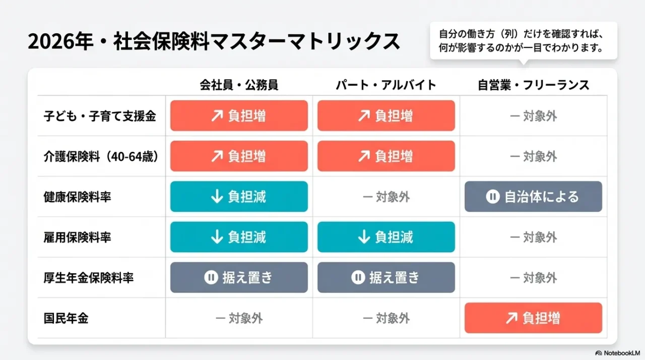 会社員、パート、自営業ごとに、子ども子育て支援金や介護保険料、国民年金などの増減を整理した一覧画像