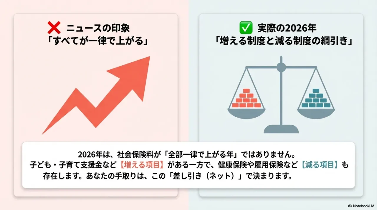 2026年の社会保険料は全部が上がるのではなく、増える制度と減る制度があることを比較した画像