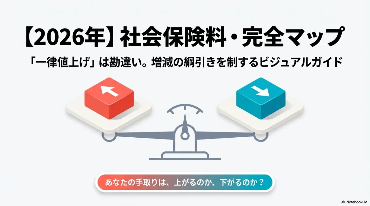 2026年の社会保険料改定を、増える負担と減る負担の綱引きとして表現した全体イメージ