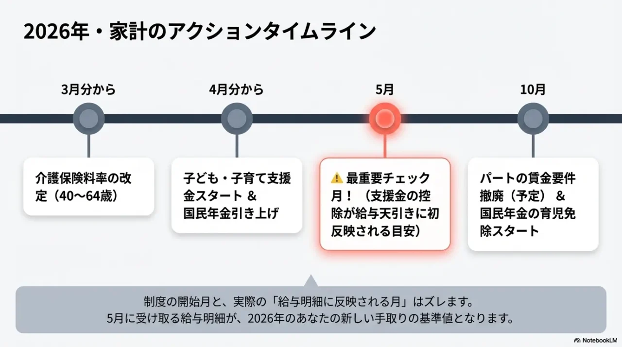 2026年3月、4月、5月、10月に何が変わるかを時系列で整理した社会保険料改定のタイムライン画像