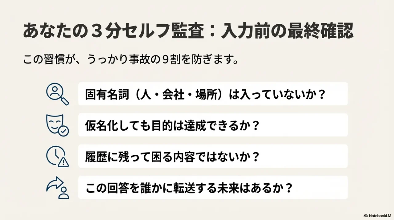 固有名詞の有無、仮名化可否、履歴に残って困るか、転送の可能性を確認する入力前チェック