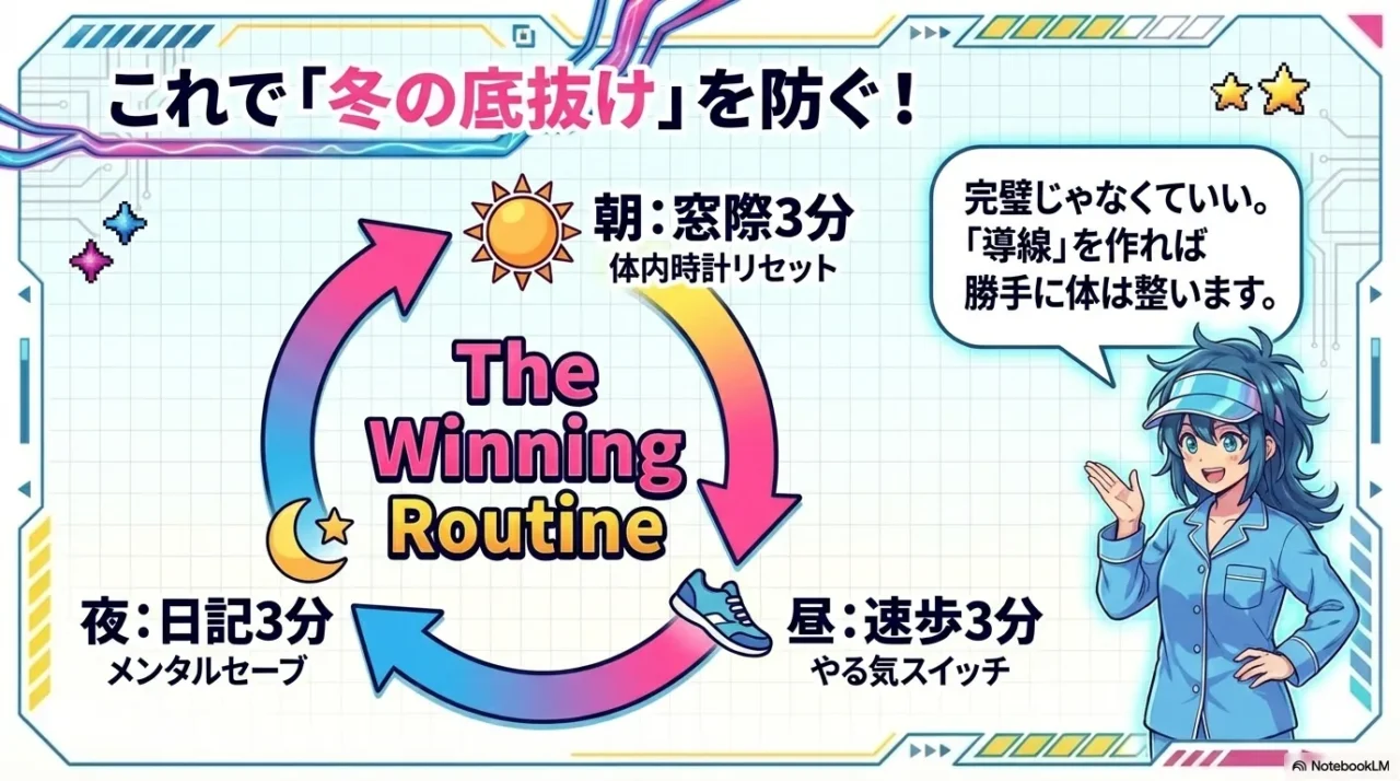 朝は光、昼は歩き、夜は日記の3分ルーティンをまとめた画像