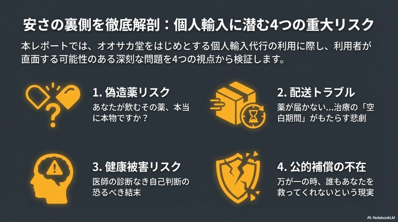 偽造薬リスク、配送トラブル、健康被害リスク、公的補償の不在という、個人輸入代行利用者が直面する4つの問題点の概要図