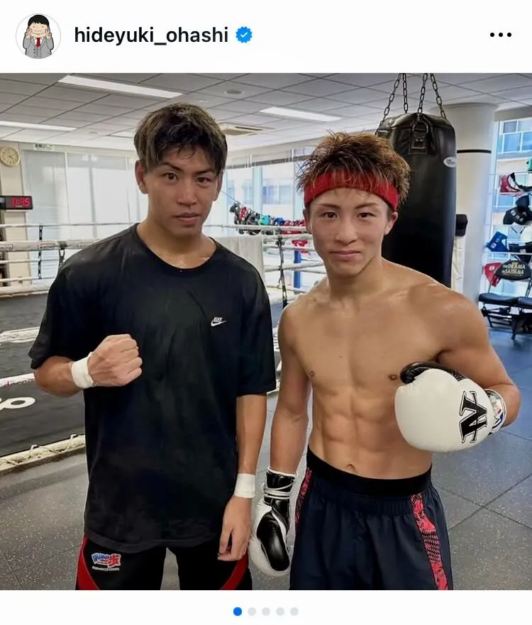 井上尚弥（右）と村田昴のスパーリングを報告した大橋秀行会長のインスタグラム（＠hideyuki_ohashi）より