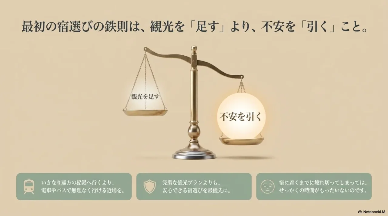 観光を足すより不安を引くことを表した天秤の画像