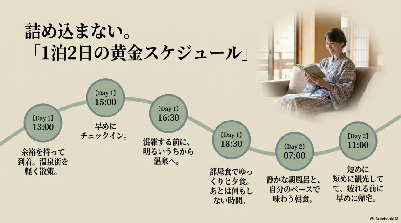1泊2日の一人旅温泉スケジュールを時系列で示した画像