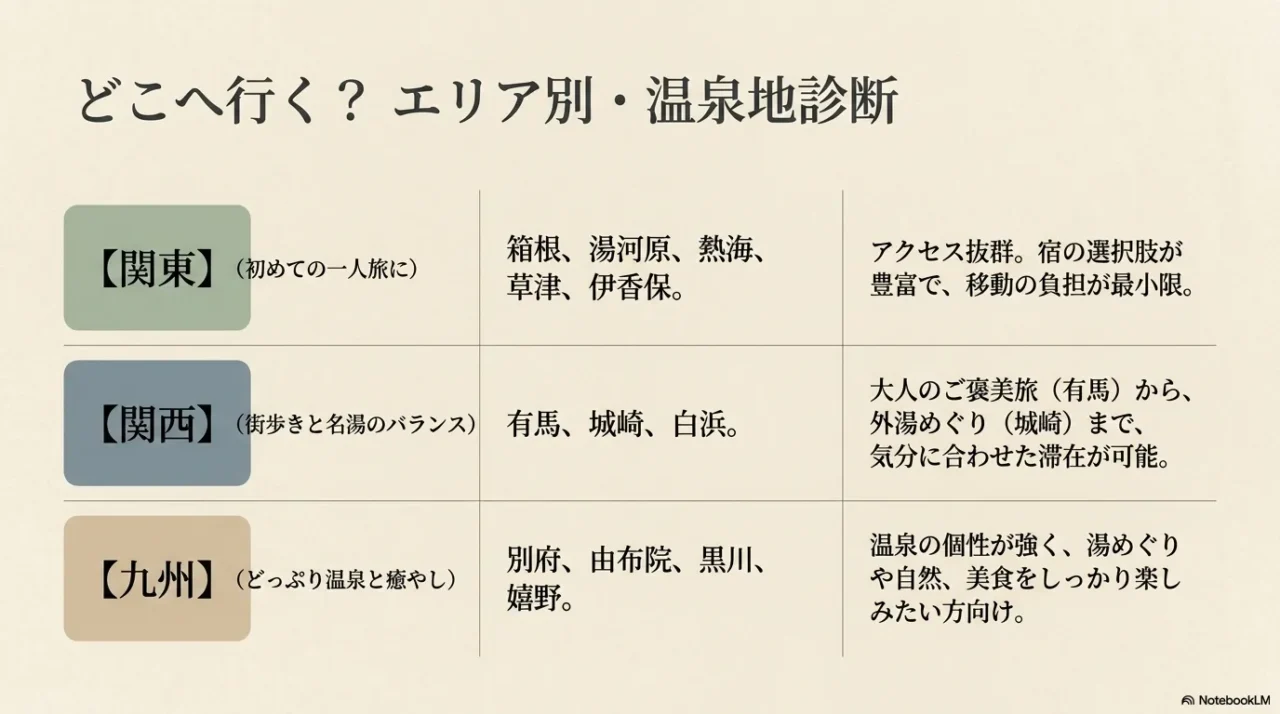 関東、関西、九州の一人旅温泉地と特徴を比較した画像