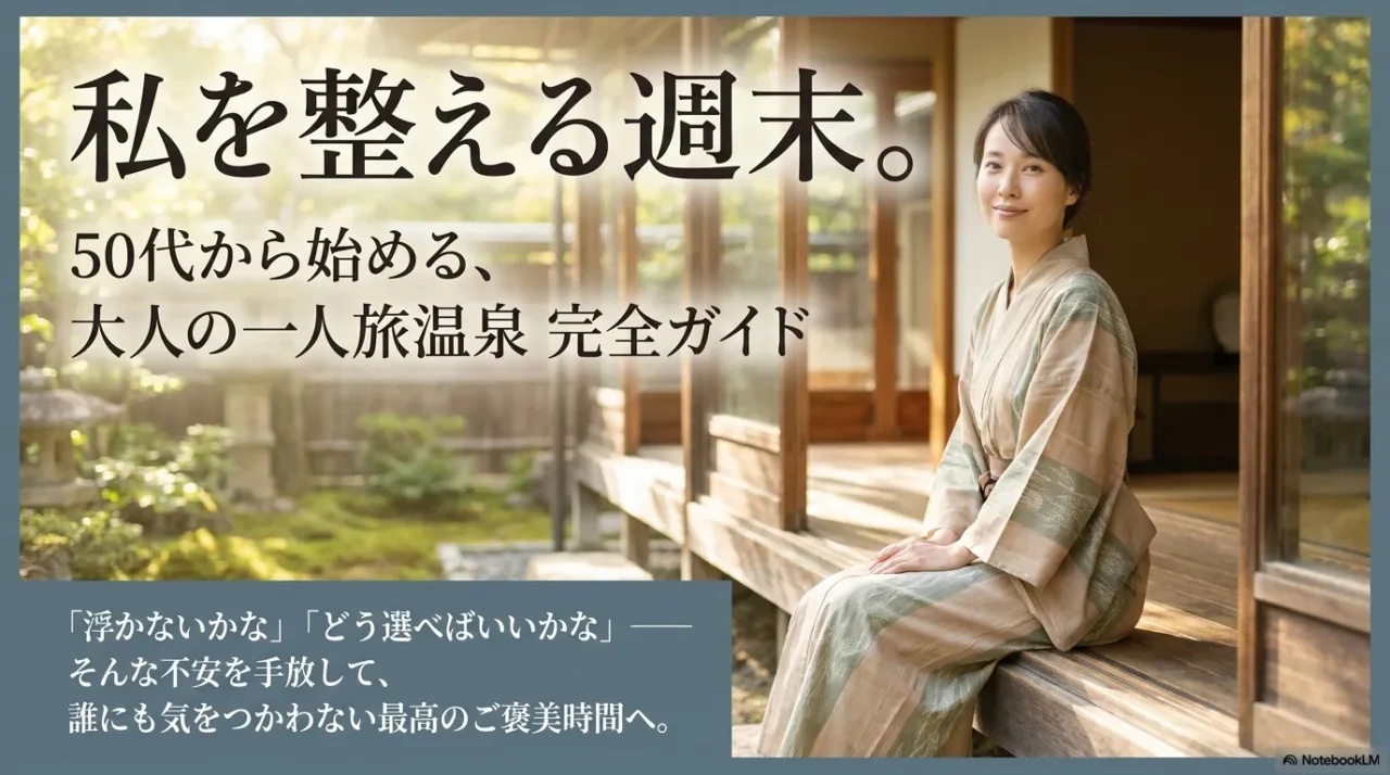 50代女性が温泉宿でくつろぐ様子と、大人の一人旅温泉を紹介するメイン画像