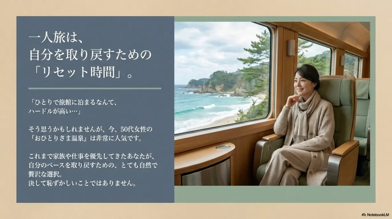 電車の窓辺で景色を眺める50代女性と、一人旅はリセット時間というメッセージ
