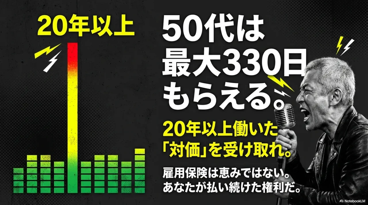 「50代は最大330日もらえる」と給付日数を強調する画像
