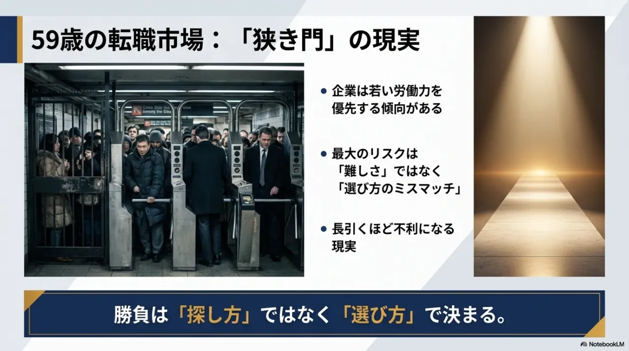 満員電車の改札口の画像と共に、企業が若い労働力を優先する傾向や、選び方のミスマッチがリスクであることを説明するスライド。