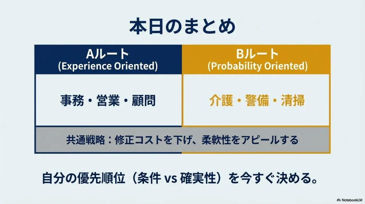 59歳からの再就職における、経験重視のAルート（事務・営業）と採用確率重視のBルート（介護・警備）を比較したまとめ表のスライド。