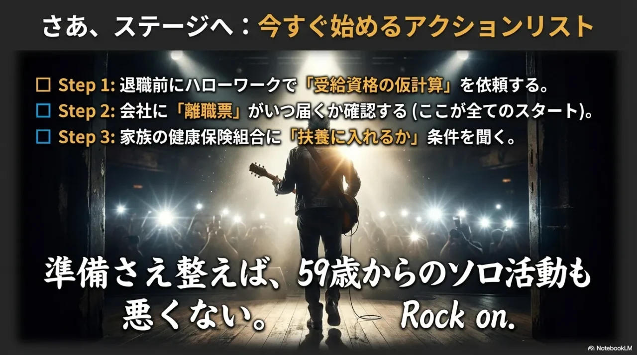 受給資格の仮計算依頼、離職票の到着確認、扶養条件の確認という3ステップを示す締めのアクションリストスライド