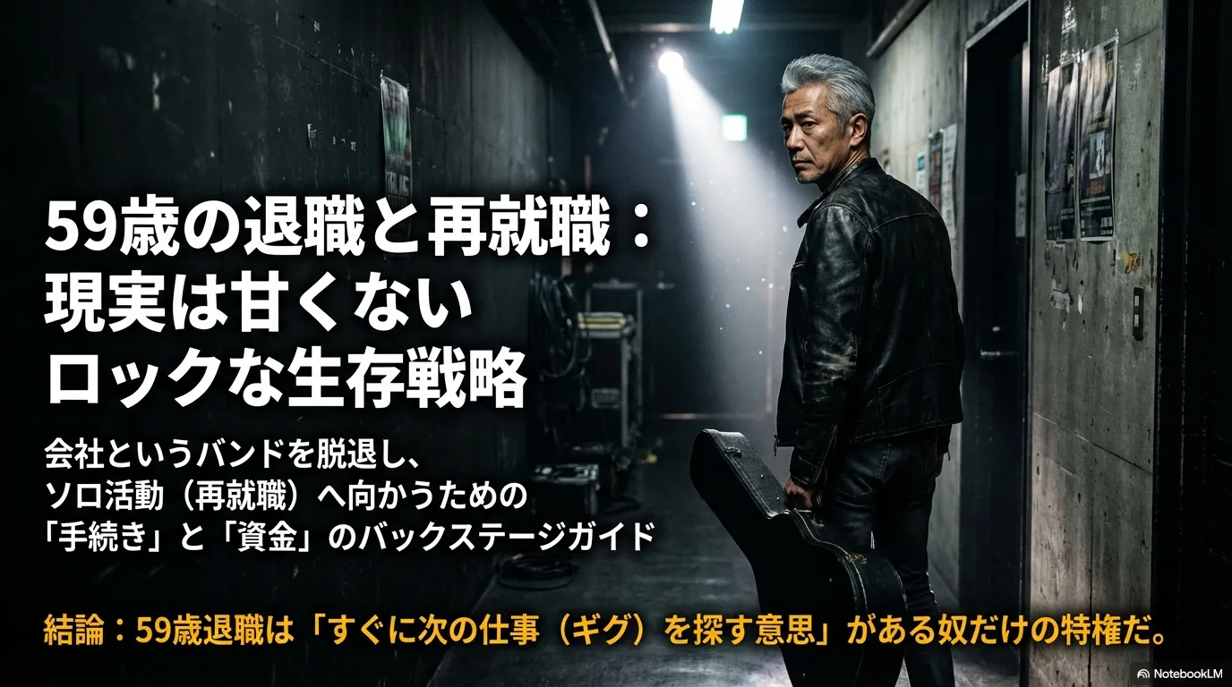 暗い通路でギターケースを持つ59歳のロックンローラーと、59歳の退職と再就職の表紙スライド