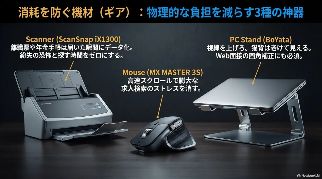 スキャナー・マウス・PCスタンドで書類管理と求人検索の負担を減らす工夫を紹介するスライド