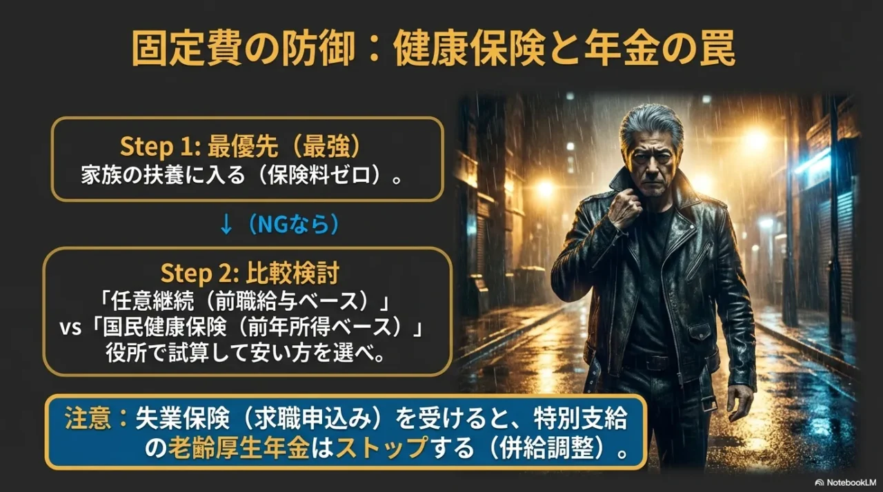 扶養→任意継続と国保の比較手順、失業保険で年金が調整される注意点をまとめたスライド