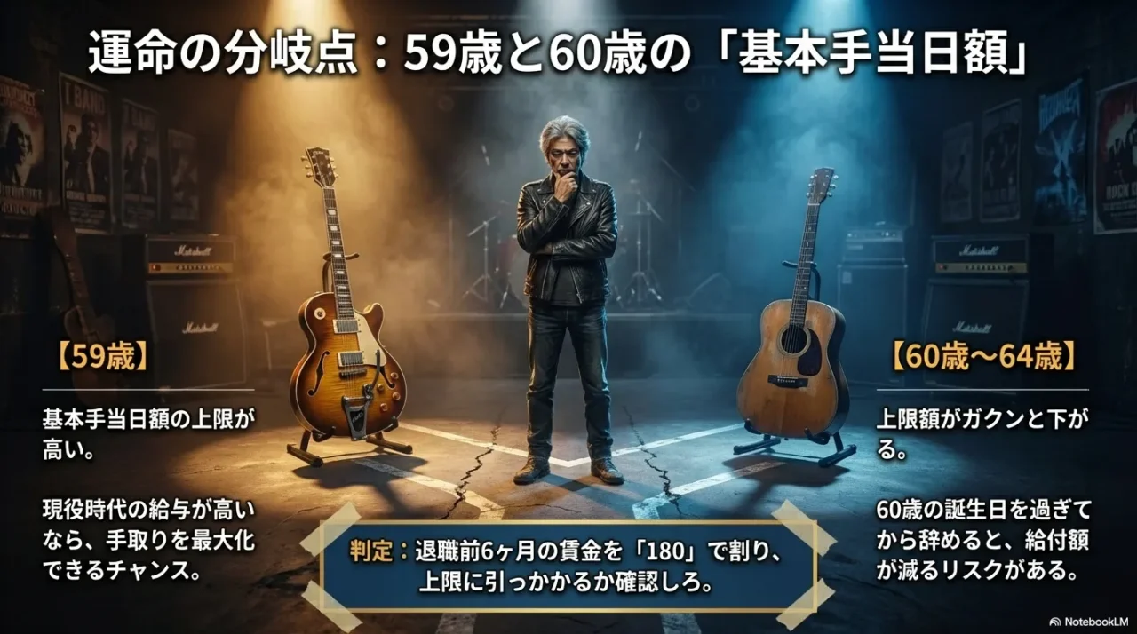 59歳と60〜64歳で基本手当日額の上限が変わる点と、確認手順を示した比較スライド