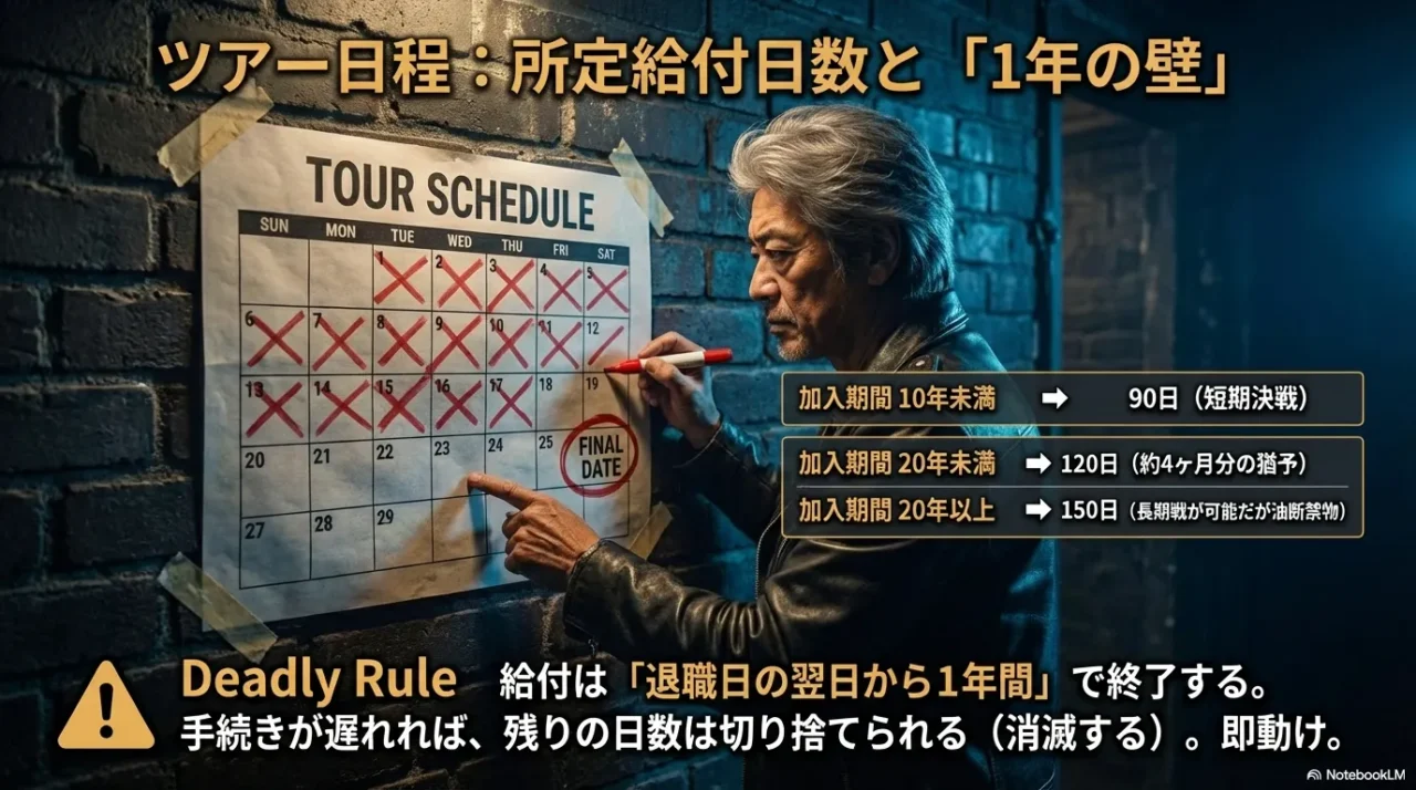 所定給付日数90日・120日・150日の目安と、退職翌日から1年で権利が消える注意点を示すスライド