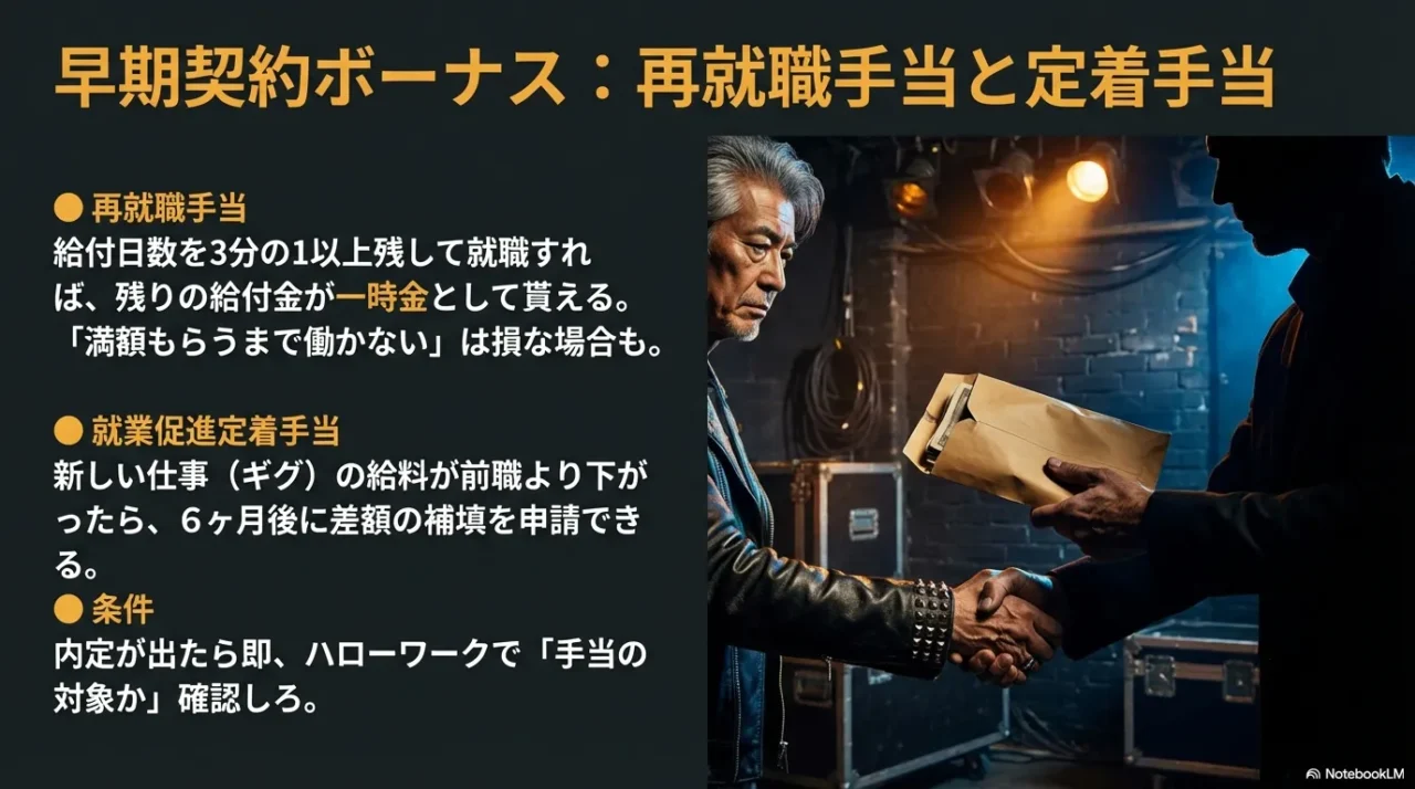 再就職手当で早期就職が得になる仕組みと、就業促進定着手当の要点をまとめたスライド