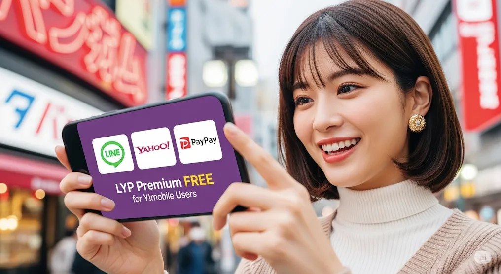 スマートフォンでLYPプレミアムの無料特典を示す笑顔の女性