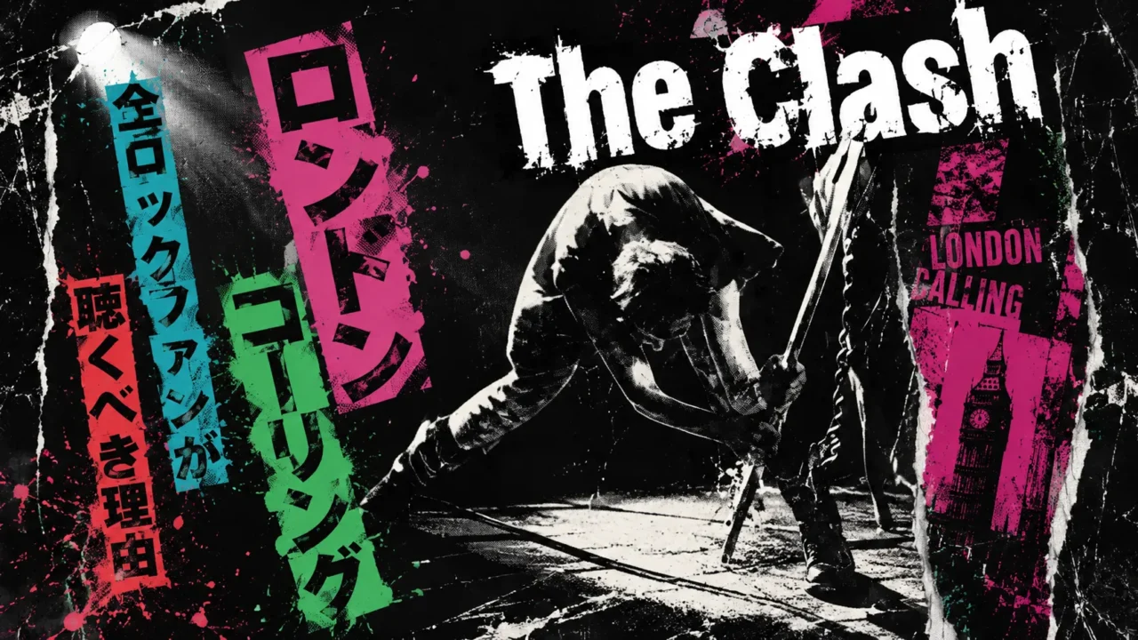 The Clashのアルバム『ロンドン・コーリング』のジャケット写真を背景に、「The Clash」「ロンドン・コーリング」「全ロックファンが聴くべき理由」というテキストがデザインされた画像。