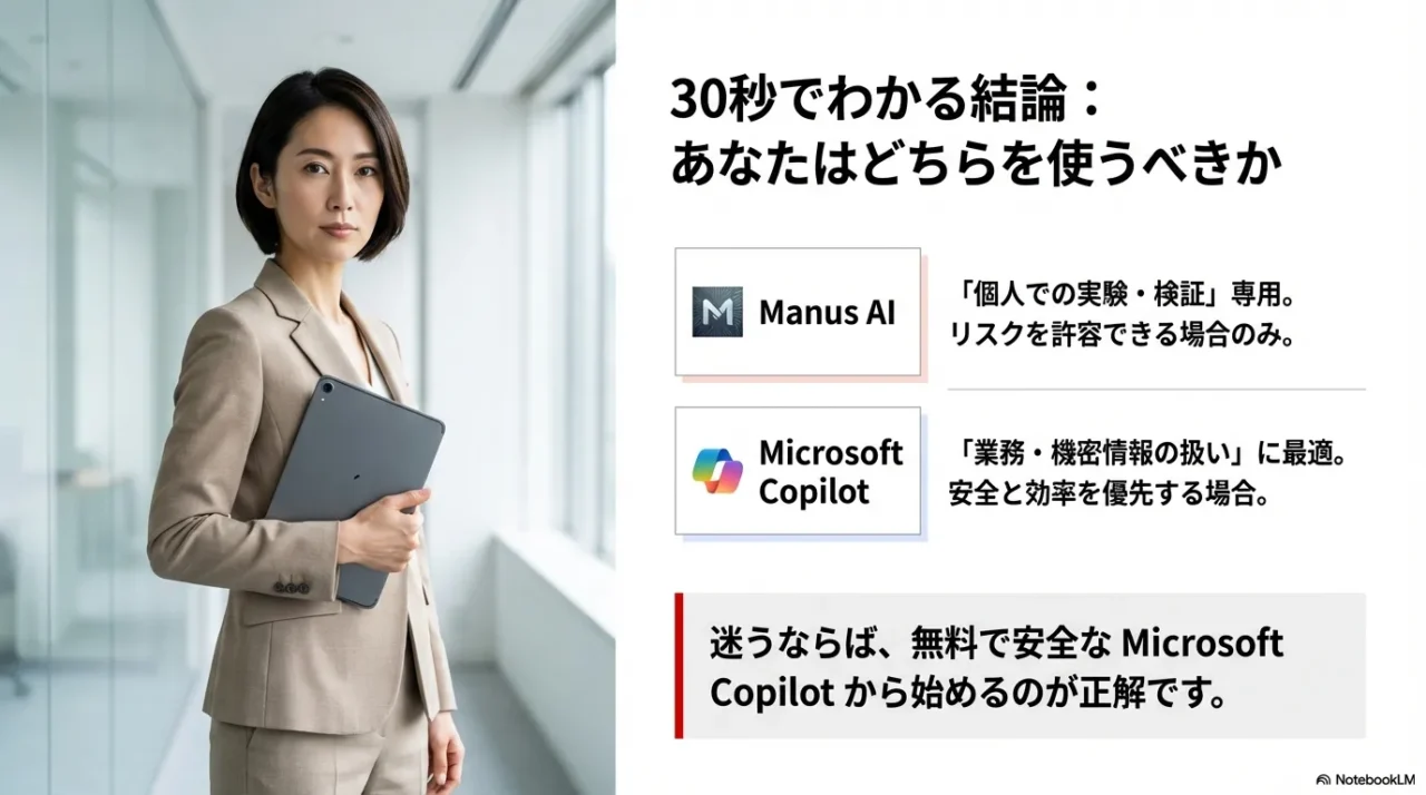 Manus AIとMicrosoft Copilotの比較結論。個人実験用ならManus、業務利用ならCopilot。