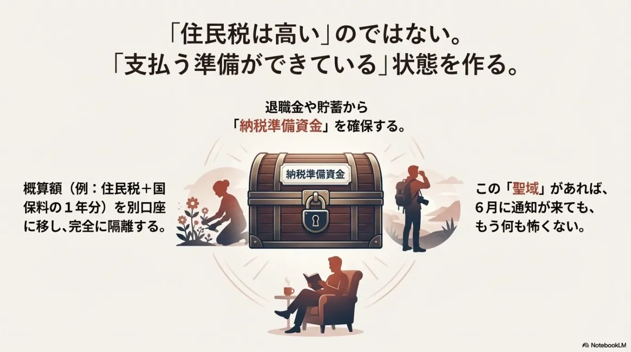 住民税の課税と請求のタイムラグ図解 代替テキスト: 前年の所得に対して翌年6月に住民税が課税される「後払いシステム」と退職後の無収入期間のズレを示した図解スライド