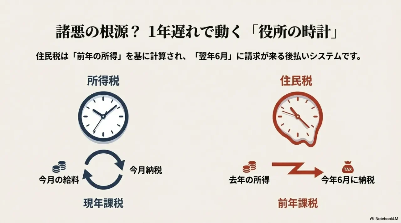 在職中の年12回払い(天引き)と退職後の年4回払い(普通徴収)における1回あたりの支払い負担額の違いを比較したスライド