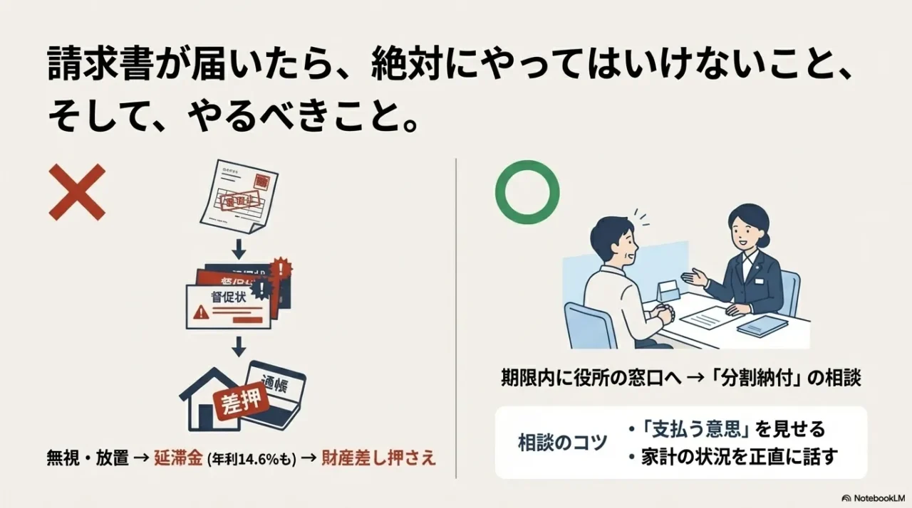 役所での分割納付相談、失業による減免申請、離職票コードを活用した国保軽減措置などの対策手順をまとめたフローチャートスライド