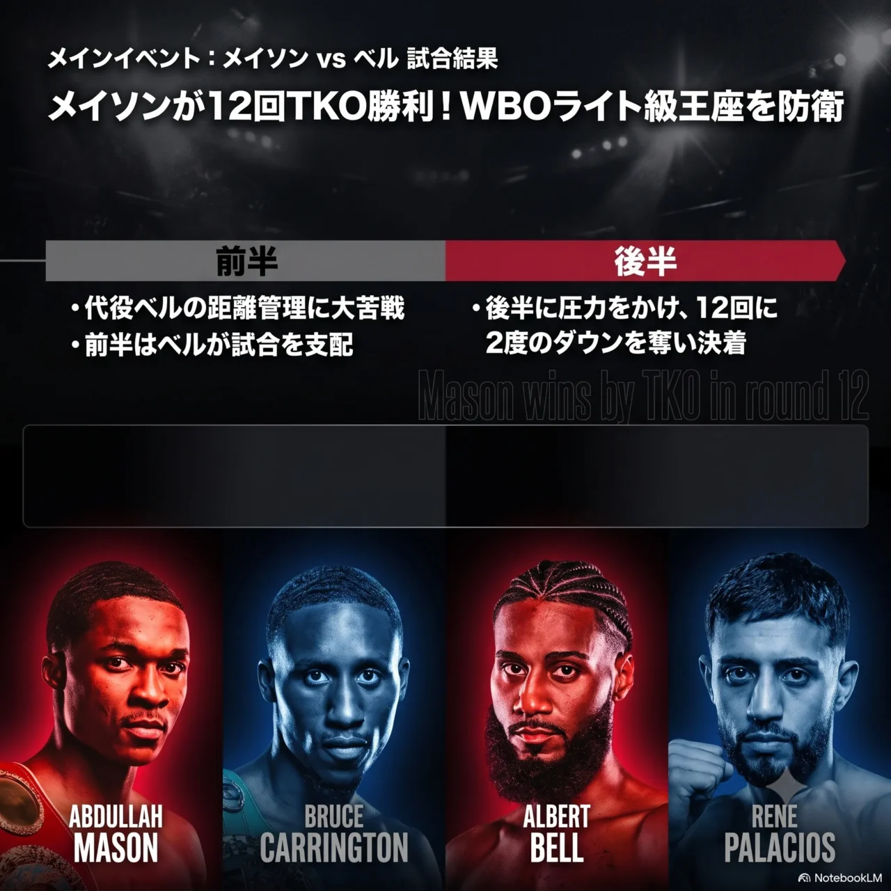 メインイベント「メイソンvsベル」試合結果。アブドゥラ・メイソンが12回TKO勝利しWBOライト級王座を防衛。前半はベルが距離管理で試合を支配したが、後半メイソンが圧力をかけ12回に2度のダウンを奪い決着した。