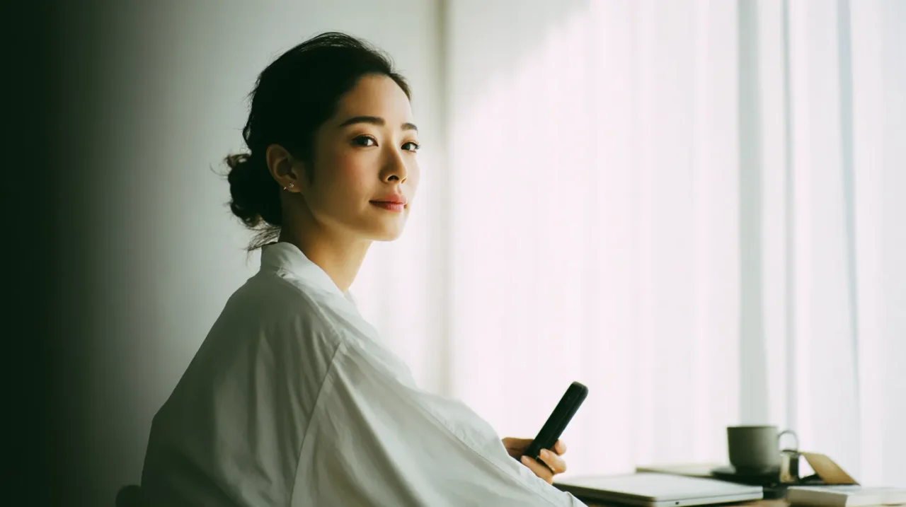 自宅の朝の光の中でスマホを手にし、欠勤連絡を送ろうとする女性