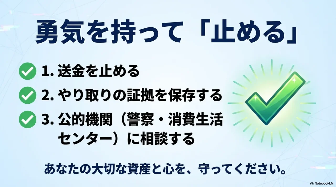 1.送金を止める、2.証拠保存、3.公的機関へ相談、という具体的な行動手順のリスト