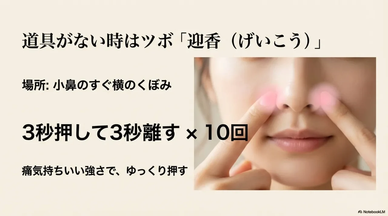 鼻水に効くツボ「迎香(げいこう)」の場所。小鼻のすぐ横のくぼみを3秒押して離す。